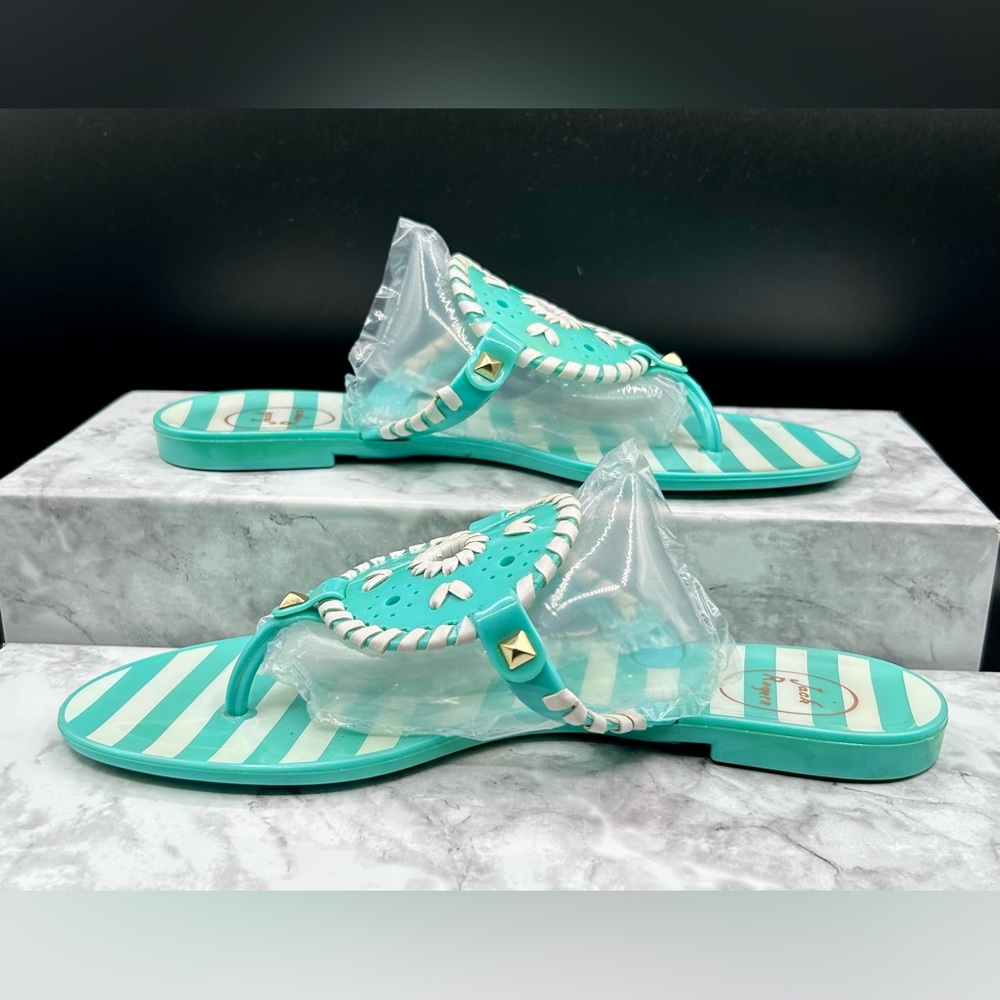 JACK ROGERS Georgica Jelly Thong Sandals in Turquoise and White Stripes. Size 6